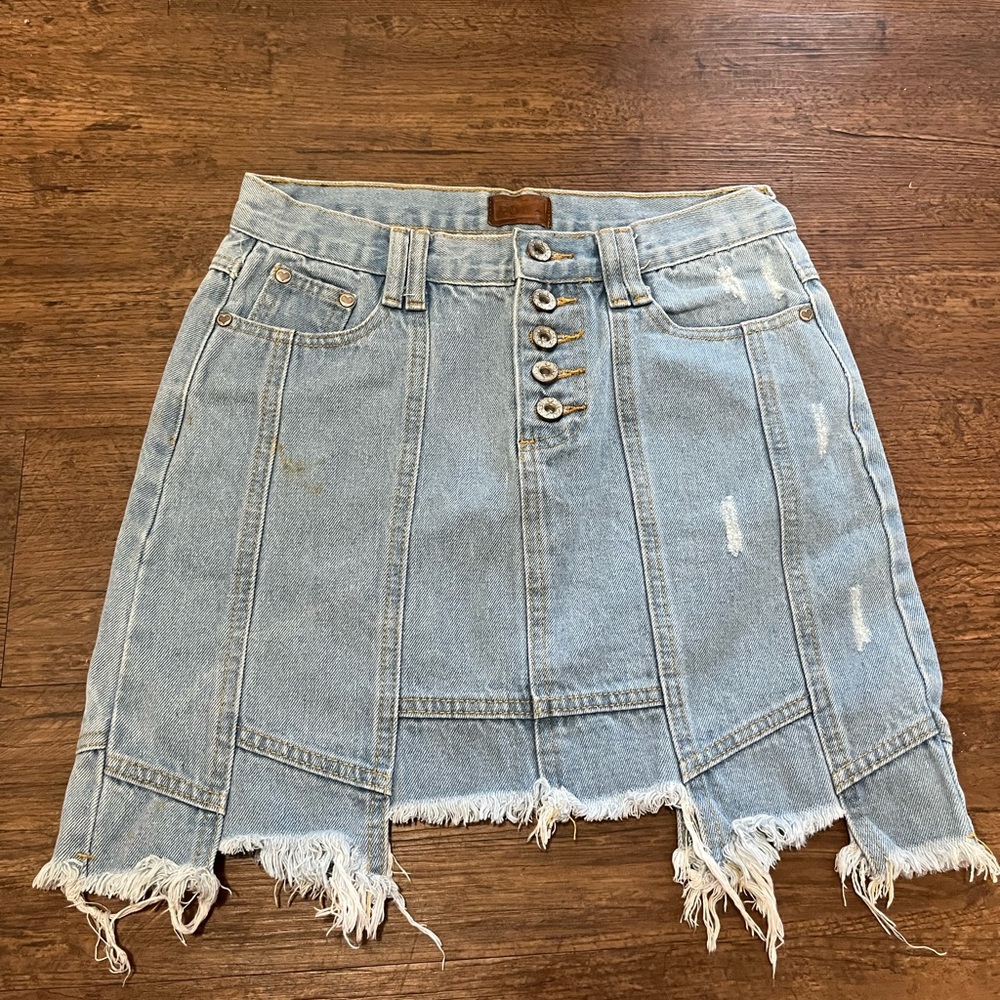 POL Light Blue Denim Mini Skirt with Frayed Hem